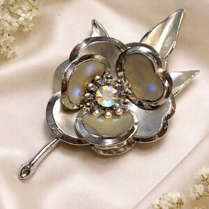 Vintage Silver Tone Flower Brooch AB Rhinestone Floral Pin